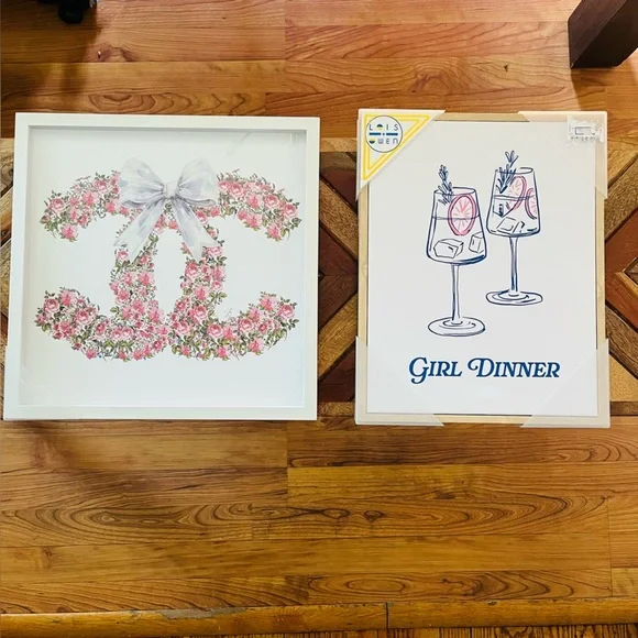 2-Piece Wall Art Set Floral Chanel Bow & “Girl Dinner Cocktail Prints Home Decor